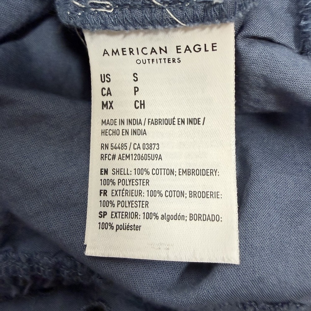 American Eagle Eyelet Crop Top Women's Small Blue Puff Sleeve Keyhole Back - Picture 9 of 10